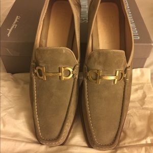 Farragamo suede loafers with gold hardware